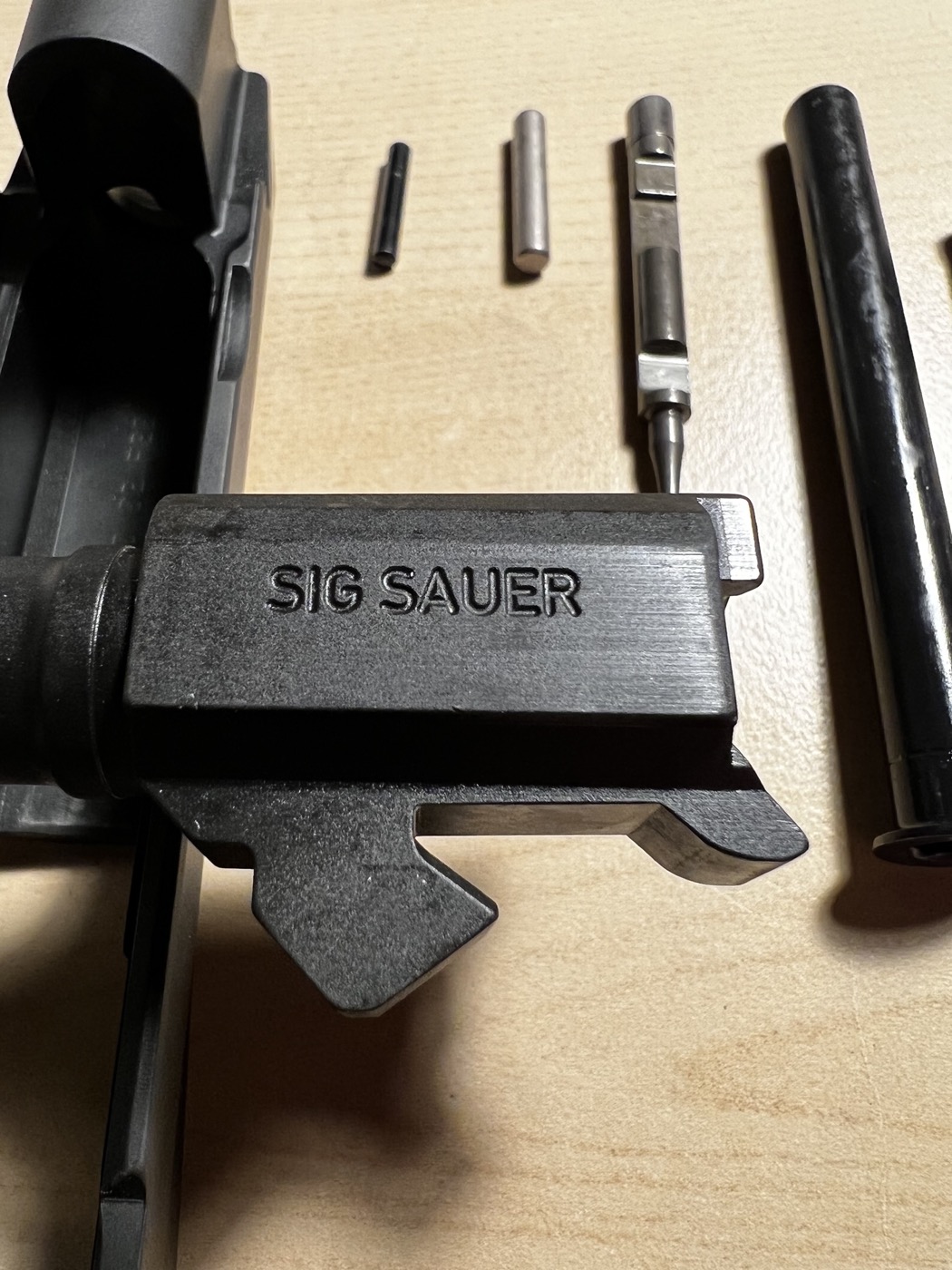 Closeup of Sig Sauer P226 barrel 9mm x 19 caliber marking after cryogenic treatment
