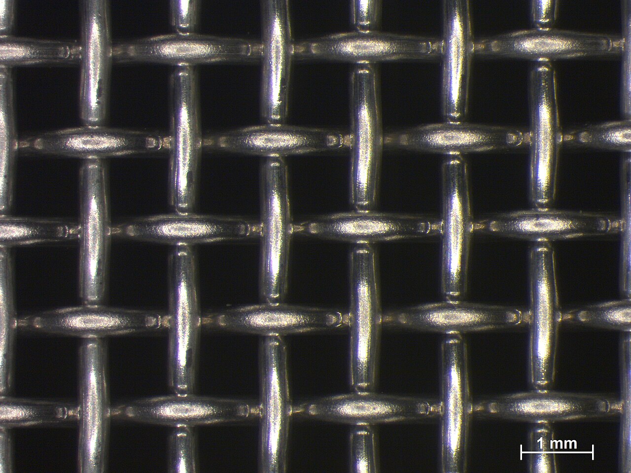 Macro photograph of woven square-mesh wire cloth showing the wires flattened where they cross